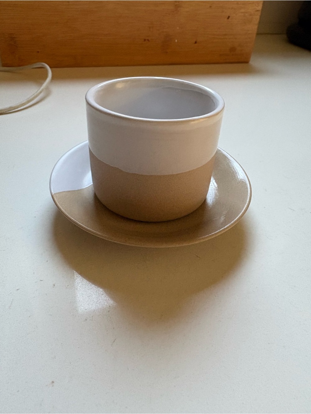 2/$15: Two-Tone Ceramic Espresso Cup and Saucer - White and Tan
